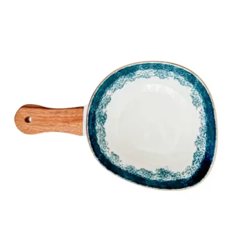 Mini Panela Azul e Branca com Alça em Madeira Al Mare